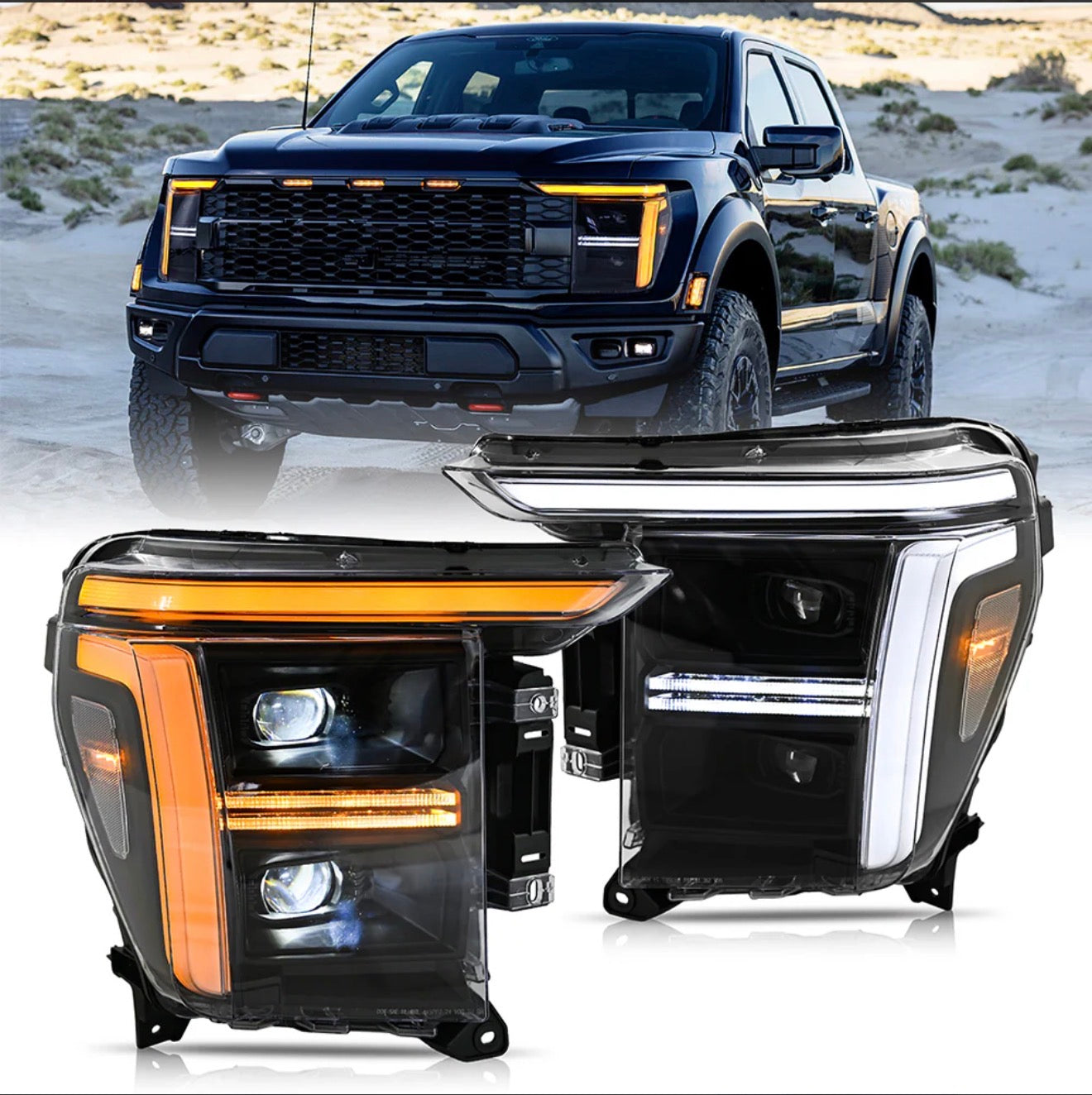 Full LED Headlights Pair For 2021 – 2023 Ford F-150, Dual-Projector With DRL, Startup & Sequential Turn Animation, Plug & Play (High Config LED)
